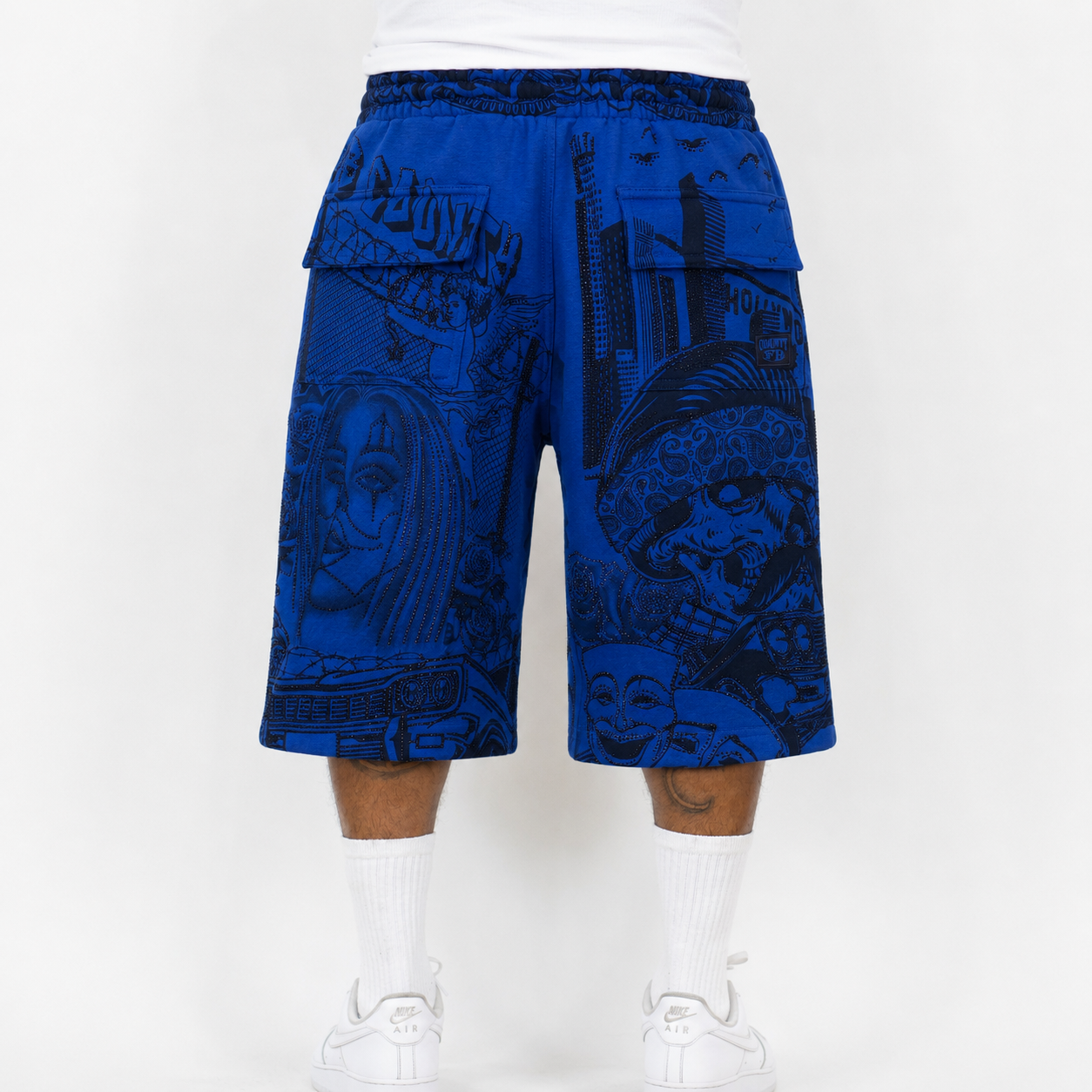 FB County Rhinestone Graffiti Baggy Fleece Shorts