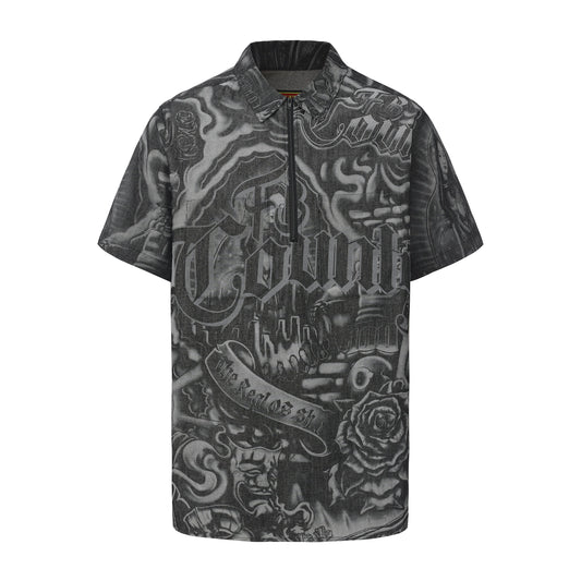 FB County Inked Up Hard Denim Short Sleeve Zip Shirt