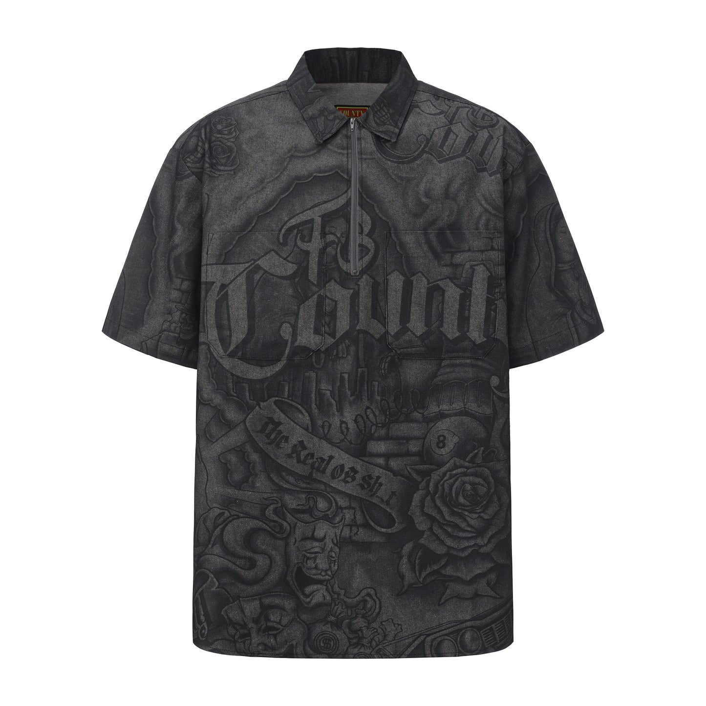 FB County Inked Up Hard Denim Short Sleeve Zip Shirt