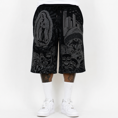 FB County Rhinestone Graffiti Baggy Fleece Shorts