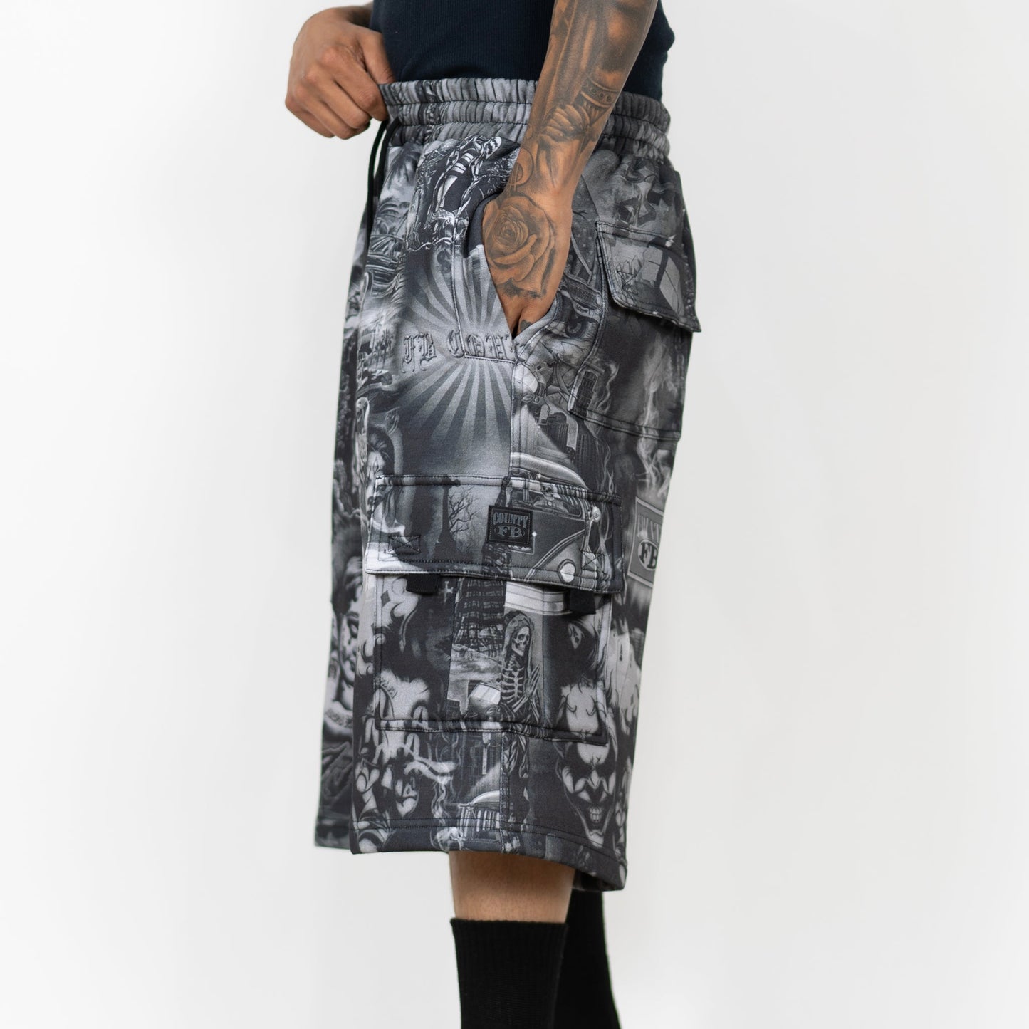 FB County Laser Print Fleece Cargo Shorts